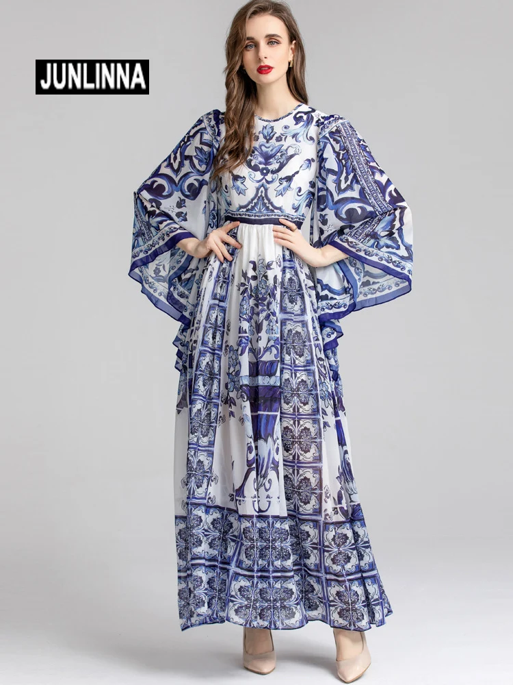 

JUNLINNA Fashion Women Long Dress White&Blue Porcelain Vintage Position Fixed Printed Vestidos Batwing Runway