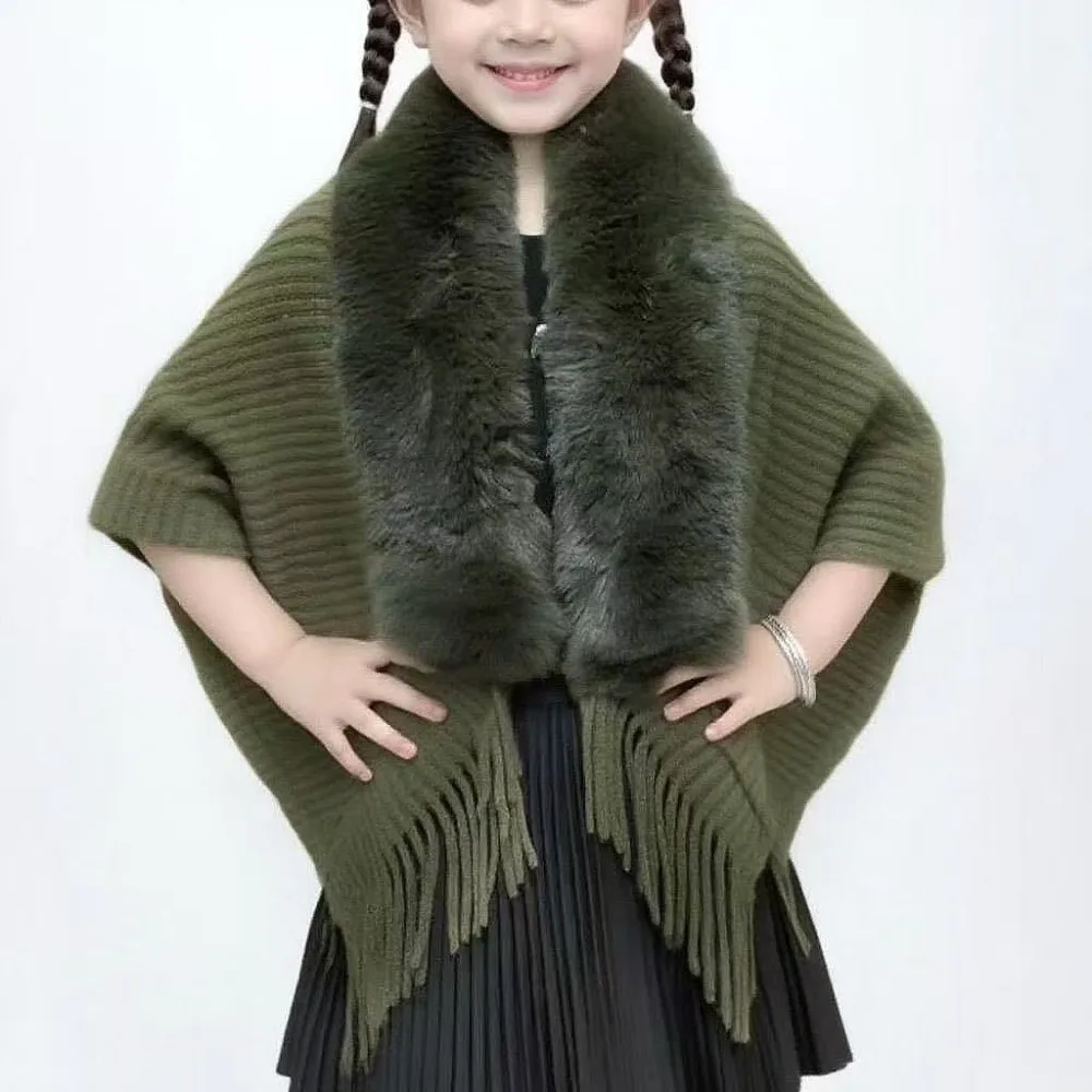 Faux Fur Collar ' Mongolian Poncho Winter Warm Ethnic Style Plush Knitting Wraps Striped Artificial Wool Knitted Cape For