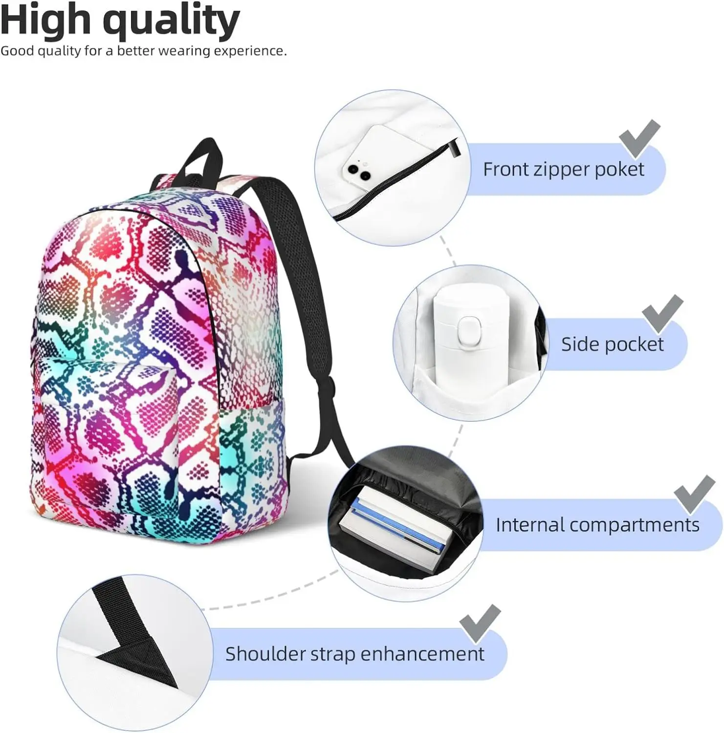 Mochila leve casual para homens e mulheres, colorida, trippy, pele de cobra, laptop, bolsa de viagem, mochila de lona