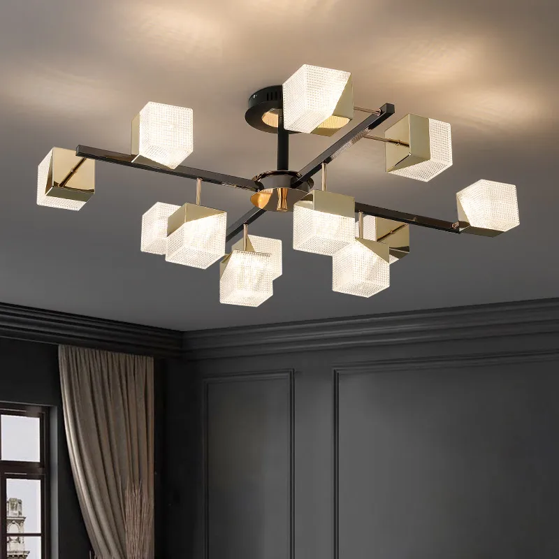 

LED Chandelier Texture Acrylic Cube Lampshade Modern Living Dining Room Bedroom Decoration Indoor Lighting Gold Black