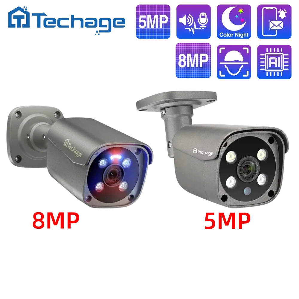 Techage H.265 8CH 5MP/8MP POE NVR Kit CCTV Система видеонаблюдения Двусторонняя аудиосвязь AI IP-камера ИК наружная водонепрониц