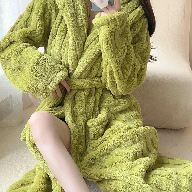 2023 Winter Long Sleeve Hooded Thick Warm Flannel Kimono Robes for Women Coral Velvet Bathrobes Sleepwear Nightdress Night Dress