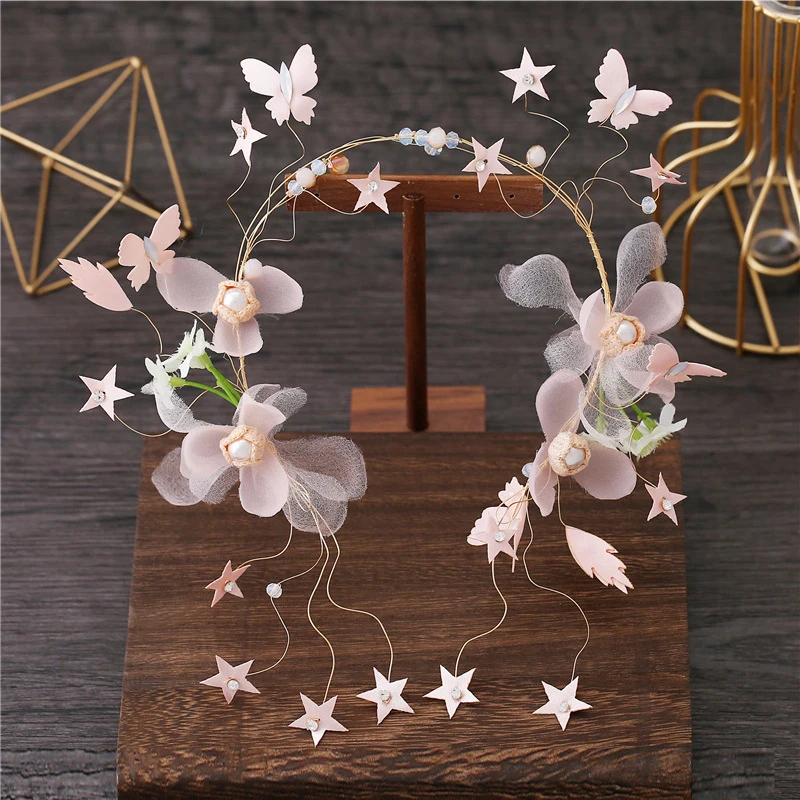 Fashion Pearl Flower Headband Bridal Wedding Crown Hair Accessories Purple Butterfly Hair Band Kids Hairband Headwear