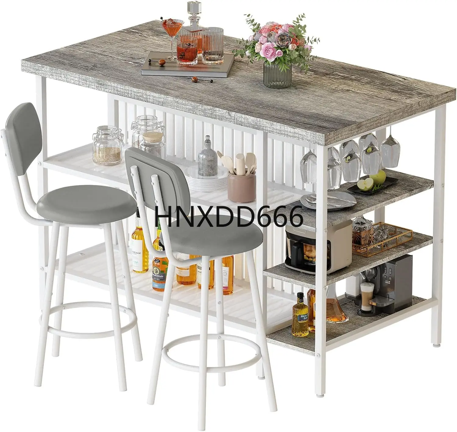 

Island with Storage Dining Table for 2, Bistro Table and Chairs Set of 2 W/ 5 Shelves Faux Marble Kitchen Table with 2 PU Stools