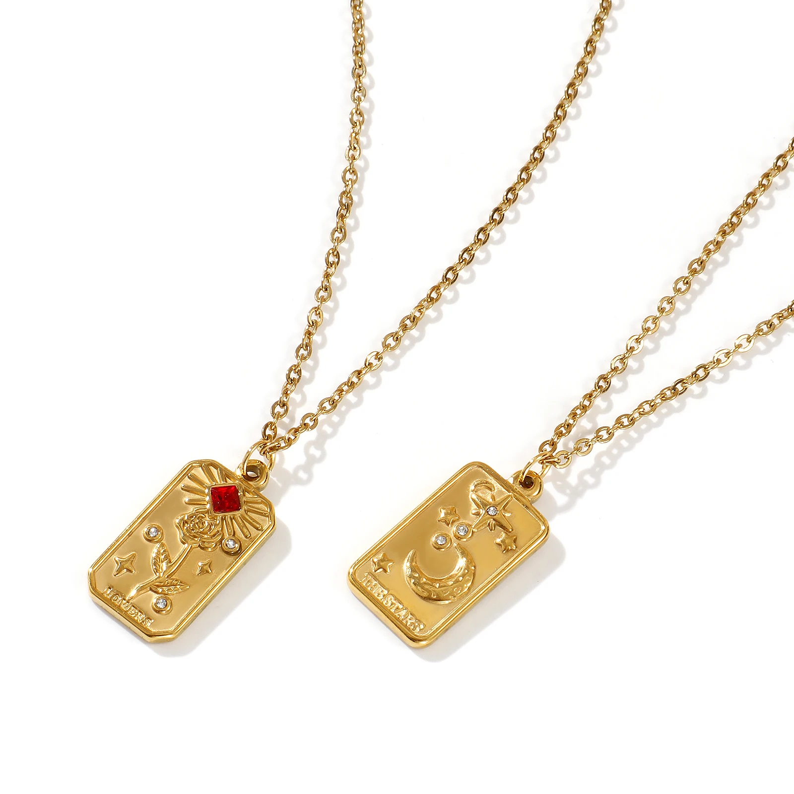 304 Stainless Steel 18K Real Gold Plated Link Cable Chain Tarot Pendant Charm Necklace For Women Gift 45cm(17.7