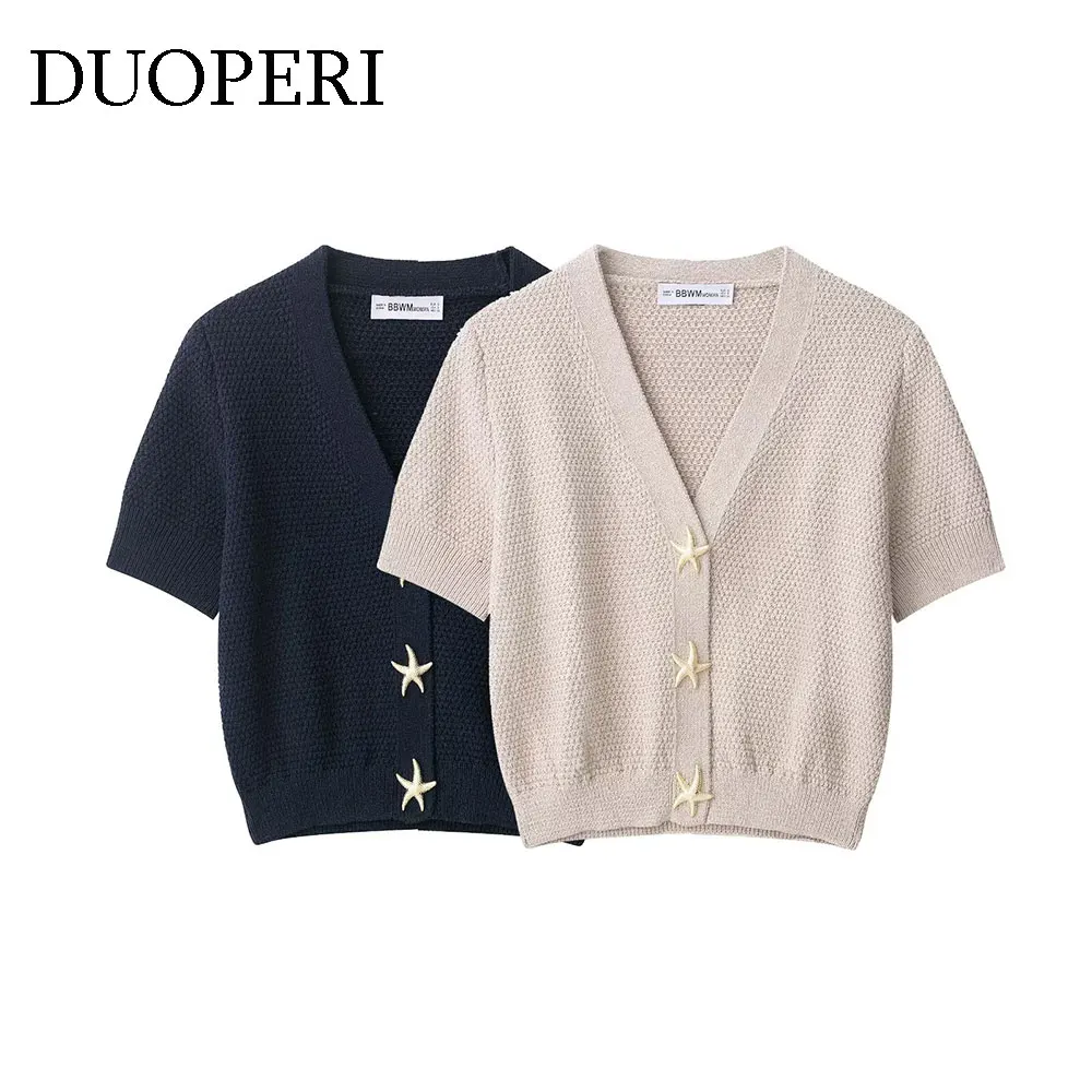 DUOPERI femmes Cardigans solide simple boutonnage tricoté pull col en v manches courtes femme élégant Chic dame décontracté hauts