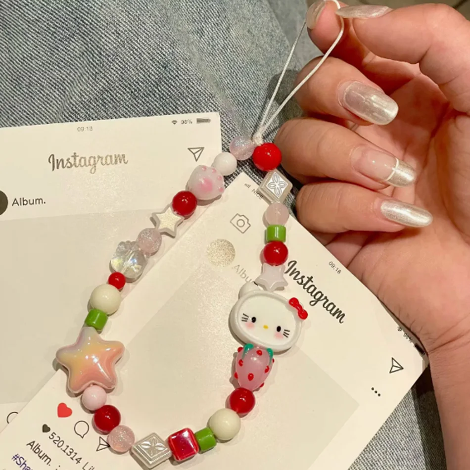

Kawaii Sanrio Hello Kitty Cartoon Pink Beaded Sweet Cute KT Cat Hand Painted Phone Chain Ccd Anti-Loss Camera Rope Chain Decor