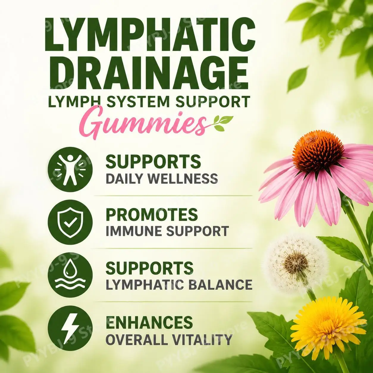 Docteat Lymphatic Drainage Gummies | Echinacea 200mg Dandelion Root 200mg | Lymph Flow, Cleanse Detox, Immune Support, 60 Count
