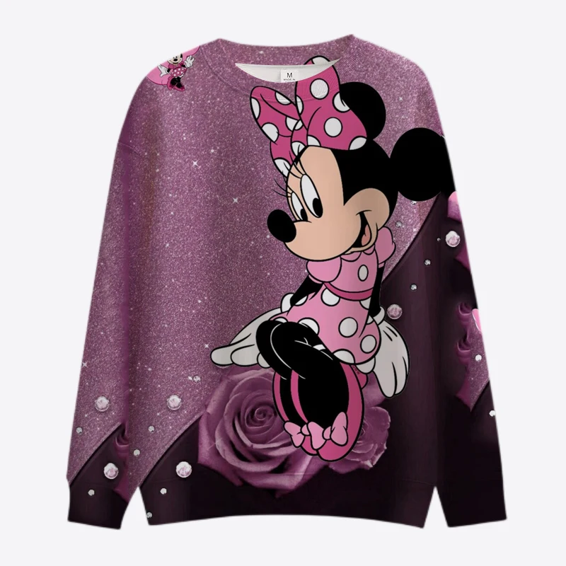 Cartoon Disney Minnie Mickey Sweatshirt Ladies Crewneck Loose Pullover Hoodie Autumn Fun Print Long Sleeve Top