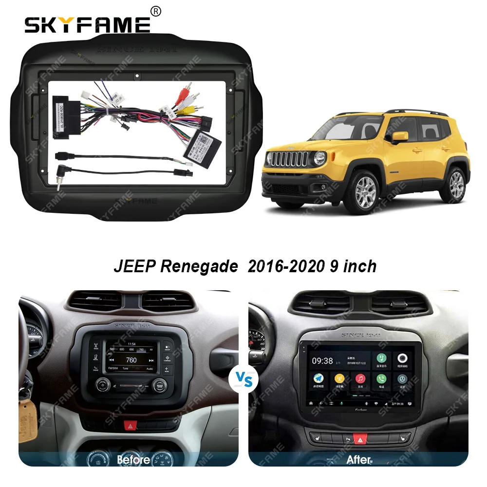 Skyfame adaptador de fáscia para quadro de carro, decodificador de caixa canbus, rádio android, kit de painel de montagem para jeep renegado