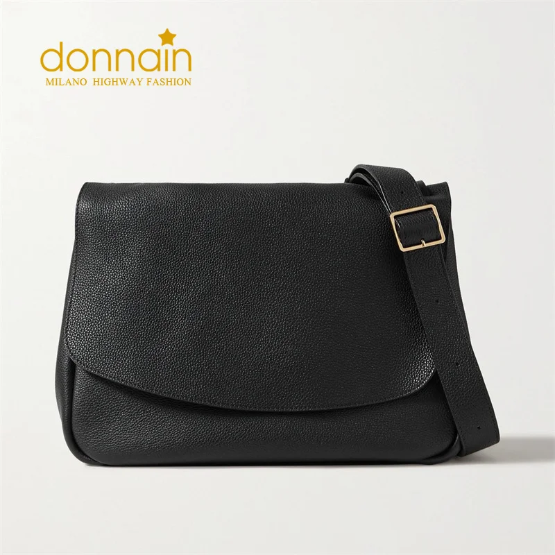 

DONNAIN Women Genuine Leather MailBag Minimalist Flip Shoulder Crossbody Bags Cowhide Solid Color Soft Wide Shoulder Strap Bag