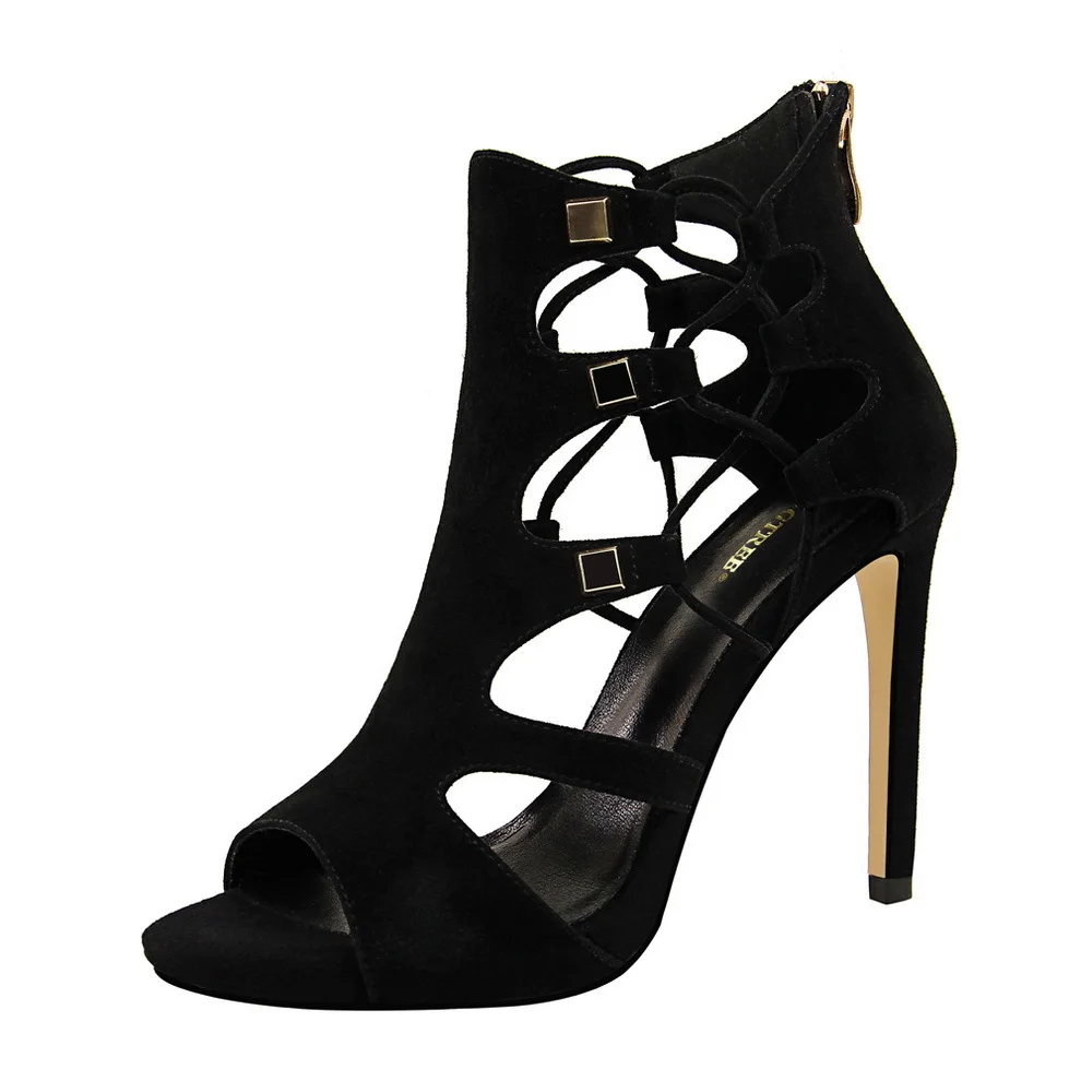 

Sexy Nightclub Slim Cutout High Heel Sandals Metal Rivets Rock Style Pointed Stiletto Zip Peep Toe Roman Women's Sandals