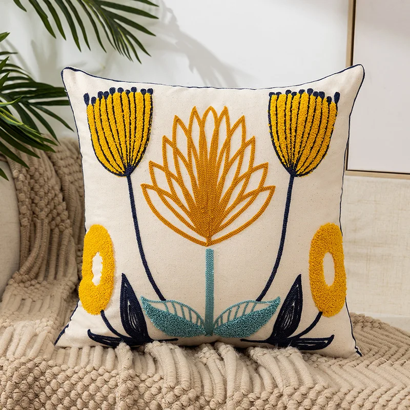 Towel embroidered Flower Cushion Cover Linen Simple Sofa Headboard Pillow Case Office Cushion Cover Cogines 45x45cm