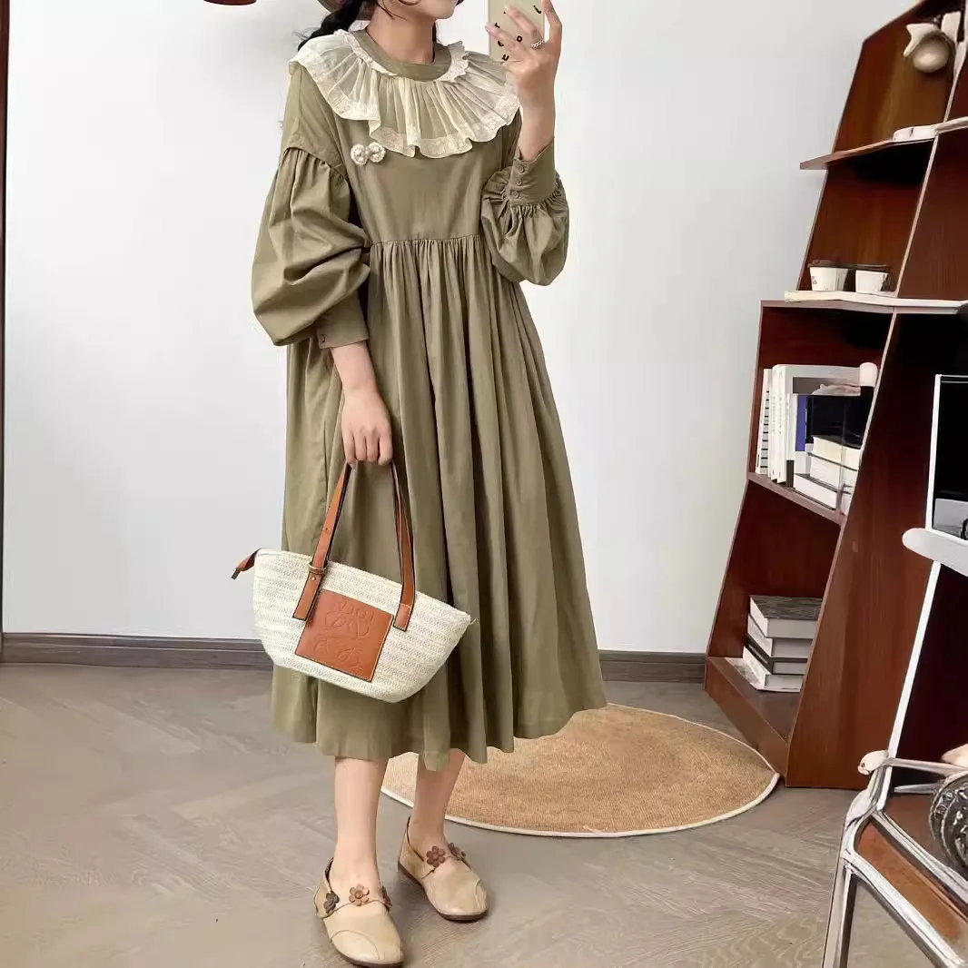 [Bereit auf Lager] Hochwertige Damen-Blusen-Hemdkleider aus 100 % Baumwolle, Lotusblatt-Kragen, lockeres, langes Kleid mit Fleischüberzug