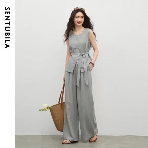 

SENTUBILA Women's Gray Office 2 Piece Set 2026 Detachable Belt Sleeveless Top Elastic Waist Wide Leg Pant Loose Outfit 162ZA6386