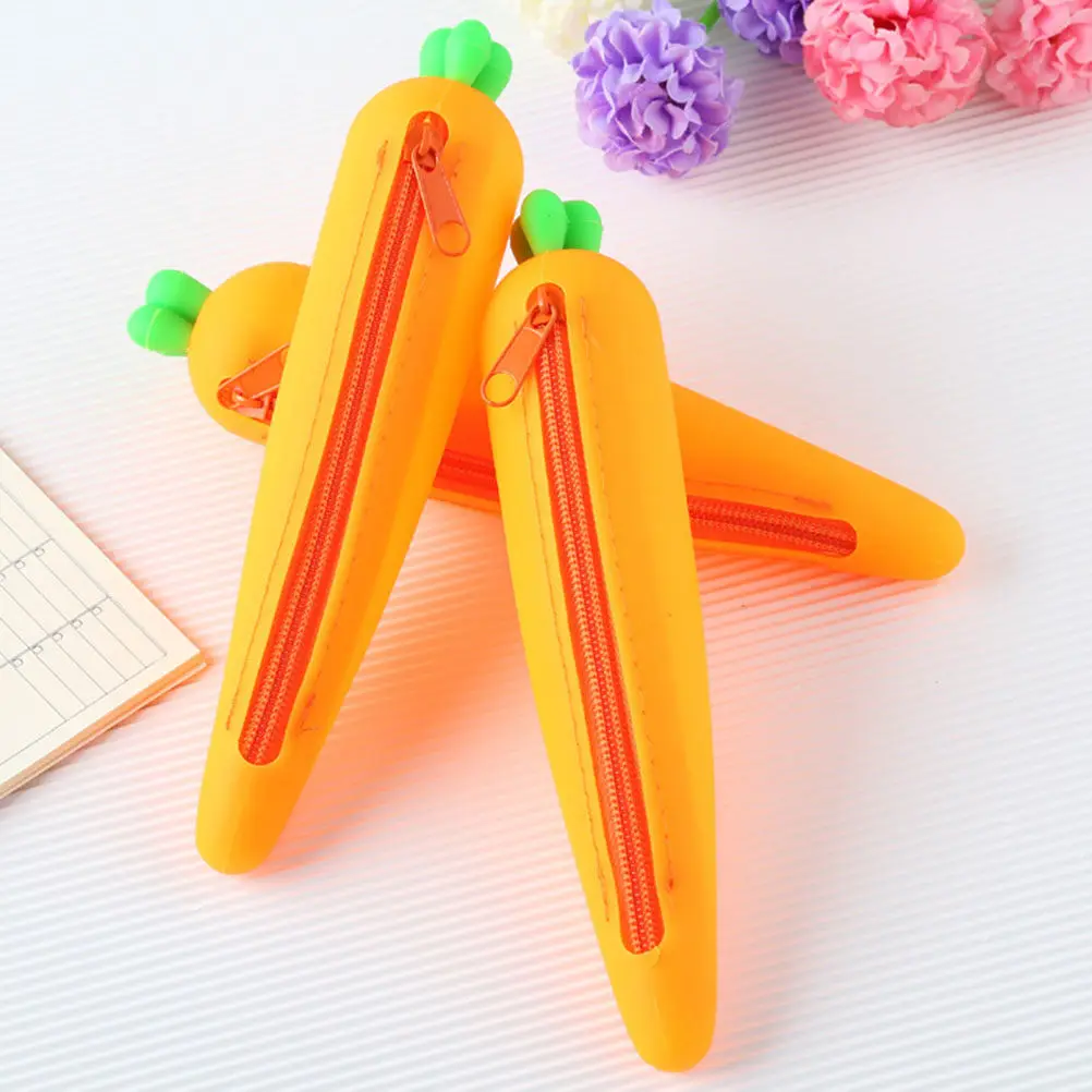 1Pcs Carrot Shaped Silicone Pencil Case Student Stationery Bag Roomy Pencil Pouch with True Color Shape Easy Clean Waterproof