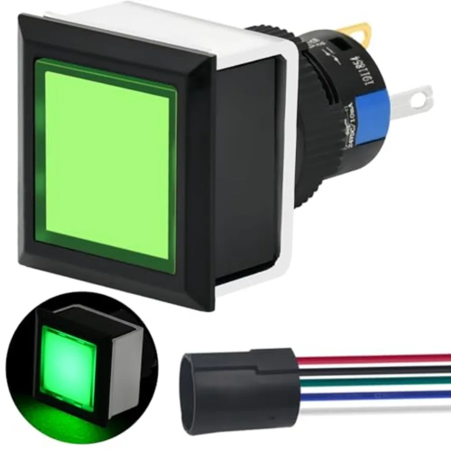 

Square Latching Push Button Switch Ultra-Thin Flat Button 21 * 21mm 0.83" Square Hole with LED Light 12V-24V 1NO 1NC On Off wit