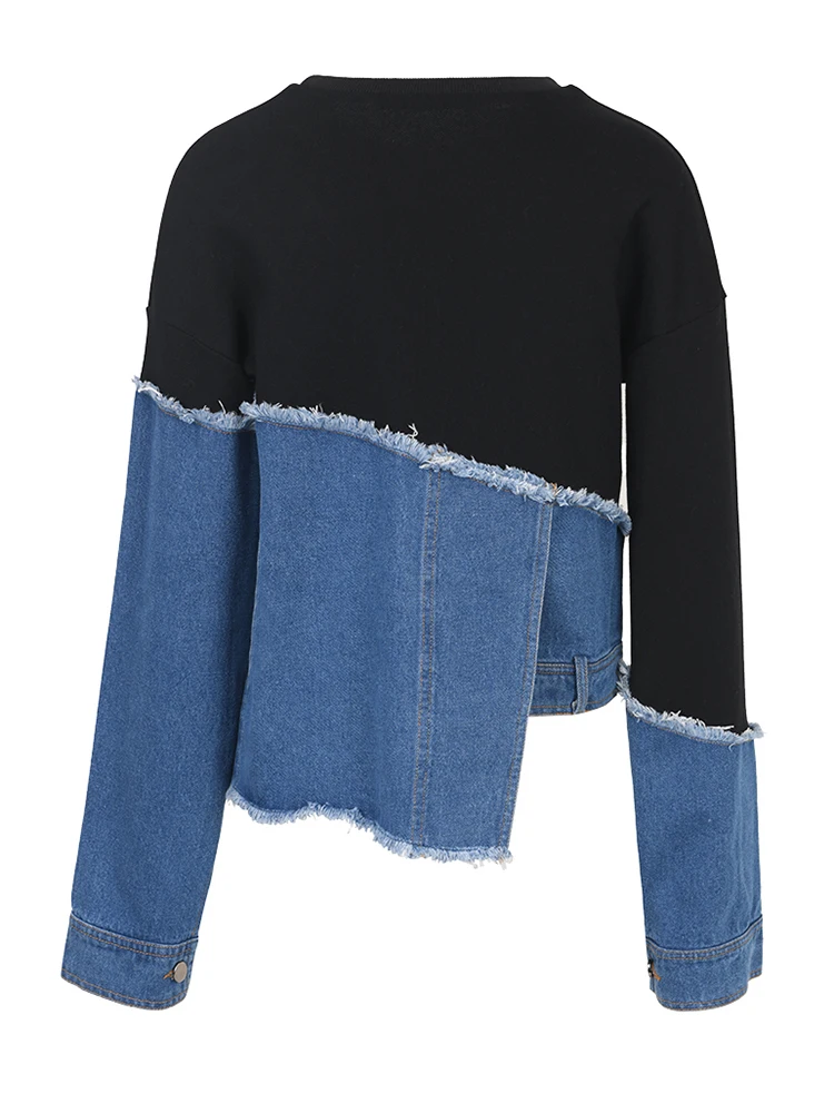 [EAM] Black Denim Irregular Burr Sweatshirt New Round Neck Long Sleeve Women Big Size Fashion Tide Spring Autumn 2024 1M87901