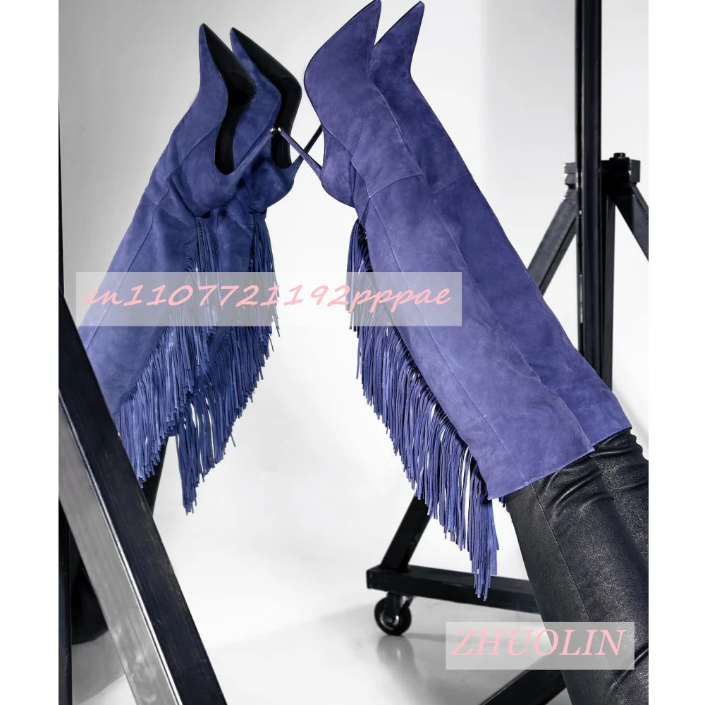 Women'S Blue Suede Tassel Knee-High Boots Pointed Toe Stiletto Heels Winter Fashion Party Dress T-Stage Tee High Heels Big Size