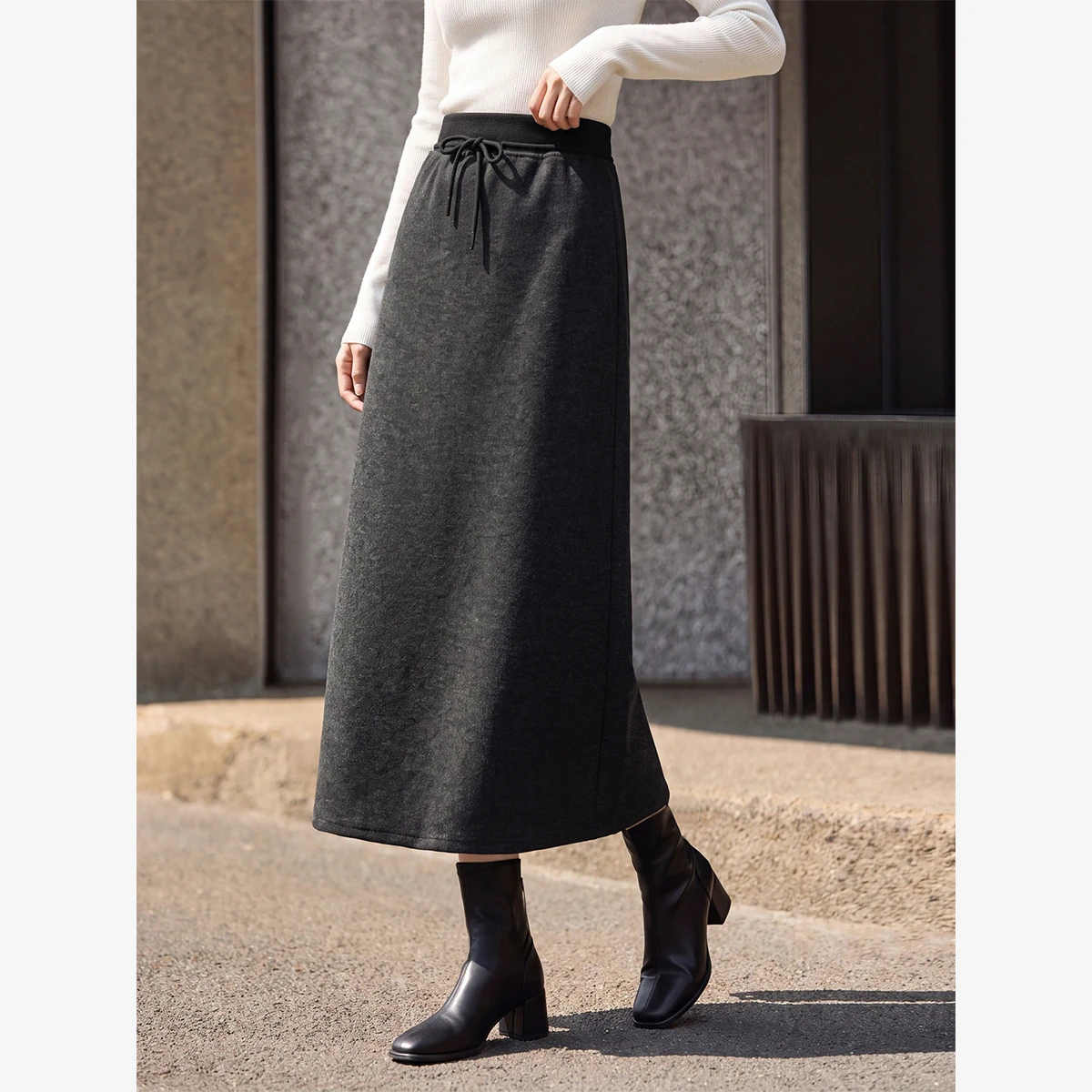 VIMLY Grey Midi Skirt for Women 2026 Autumn Fashion Elegant Color Block Spliced Drawstring Tie Straight Skirt Female 31691