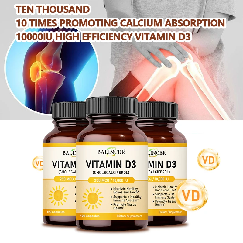 Vitamin D3 10,000 IU Capsules for Supporting Bone, Teeth, Muscle, Tissue and Immune Health, Non-GMO