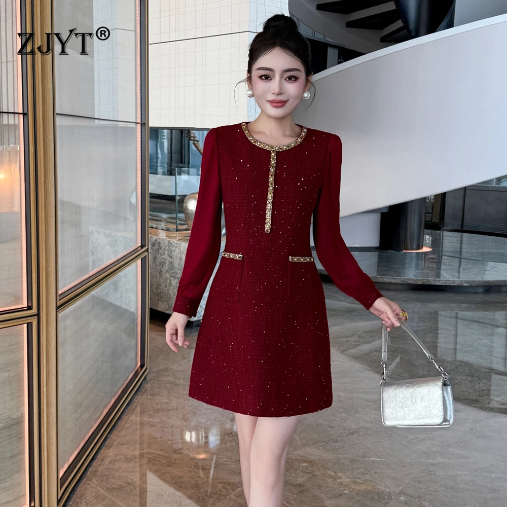 ZJYT diseñador moda mujer rebordear Tweed vestido de lana Otoño Invierno nueva manga larga Vintage Casual fiesta vestidos cortos rojo