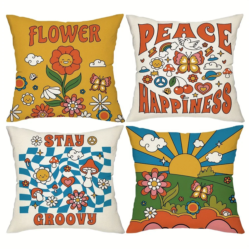 Vibrant 70s-Inspired Pillow Covers: Flower, Peace, Stay Groovy Designs Sofa cushion cover home room decoration 2D flat printing