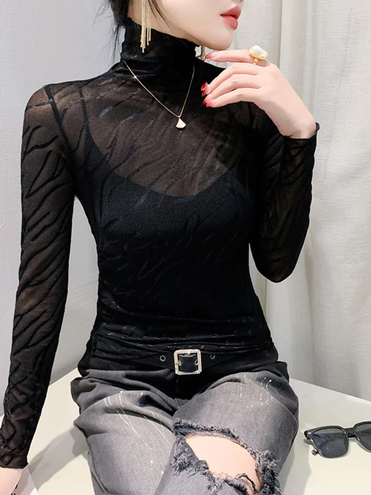 High Neck Lace Base Women's Mesh Thin Inner Layer, Autumn And Winter Striped Western-Style Small Shirt, Hollowed Out Temperament