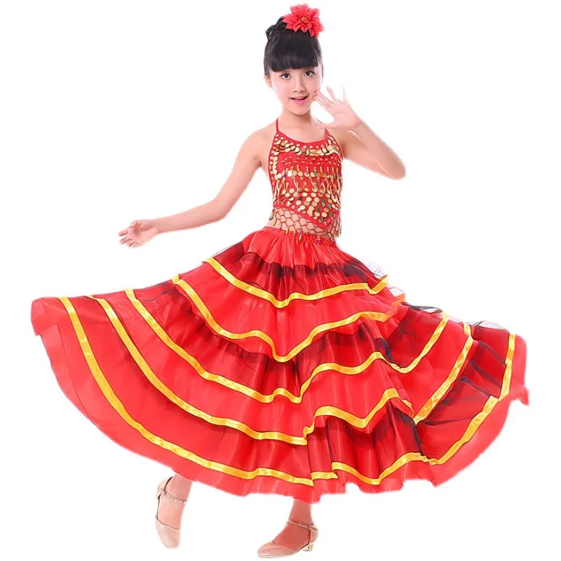 1pcs/lot children fashion belly dancing skirt girl flamenco dancing long skirt bullfight skirt 360 degree