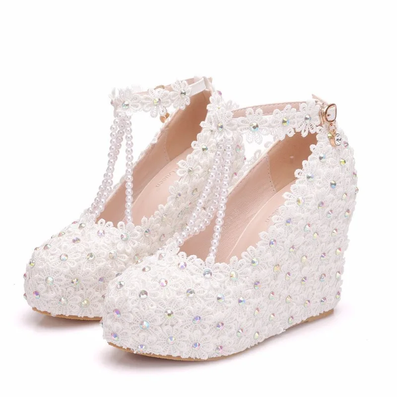 Women Pumps Shoes Bride Round Toe Platform Heels Platform Lace Flower String Bead PU 10.5CM Wedges T Tied Dress Woman Shoe White