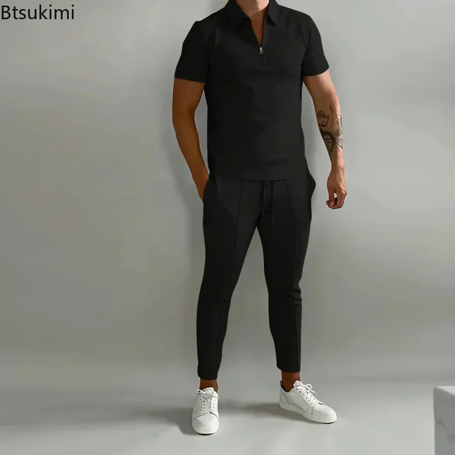 Calça e camisa polo justa e monocromática masculina, terno de treino casual, roupa esportiva, moda, primavera, verão, 2 peças, 2024