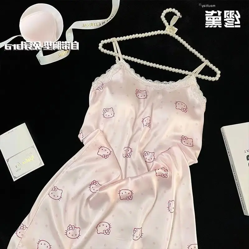 

Sanrio Fashion Pajamas Hello Kitty Ice Silk Night Skirt with Chest Pad Women's Summer Pajamas Sling Sexy Home Clothing Summer