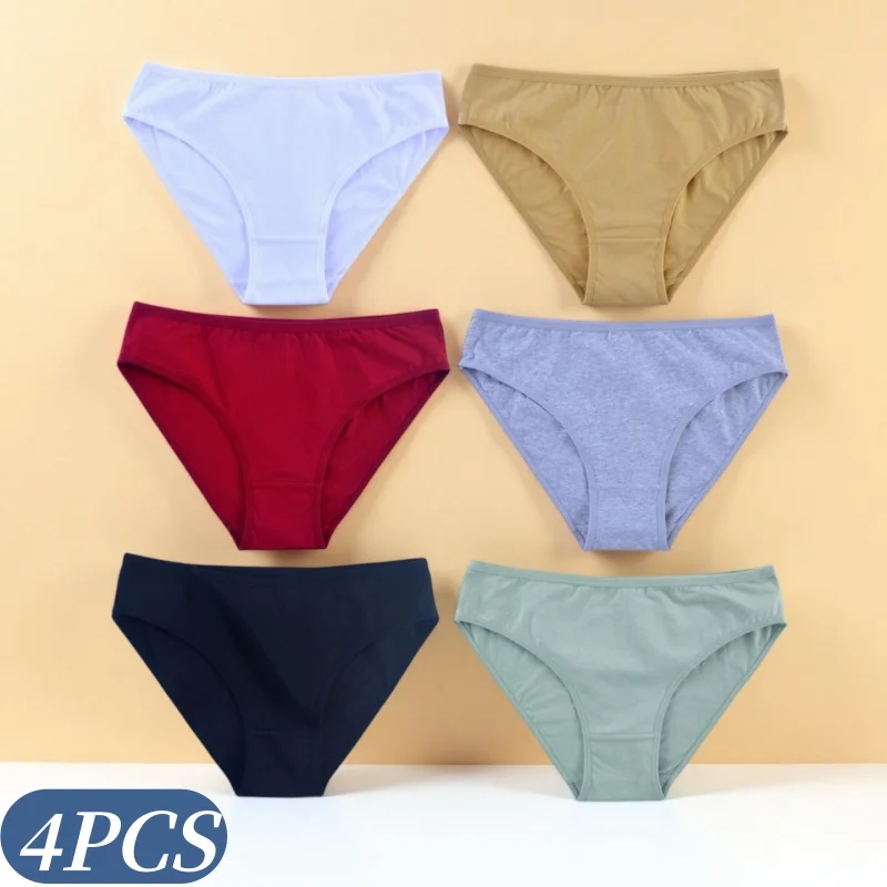 4-teiliges Set Baumwoll-Slips für Damen, Komfortable Niedrig Geschnittene Unterhosen, Atmungsaktive Einfarbige Unterwäsche, Sexy Dessous, Damen-Unterhosen M-XL