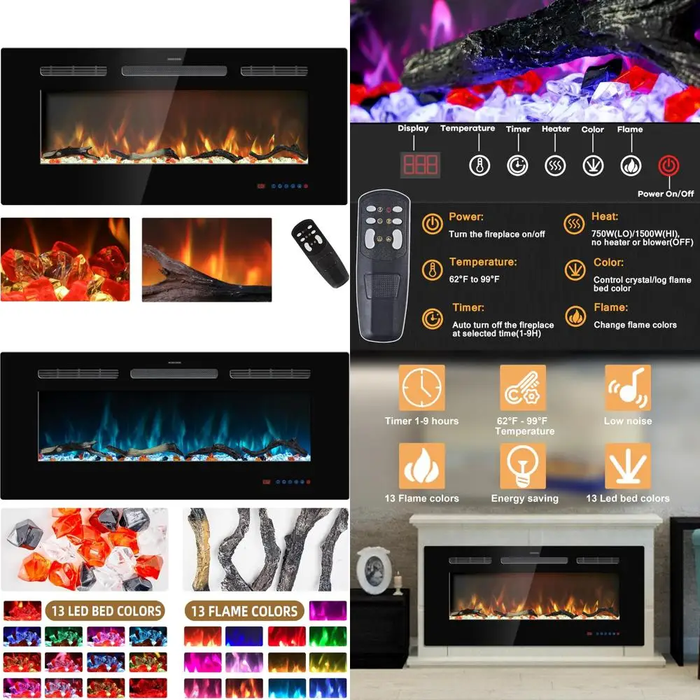 

39 Electric Fireplace Insert, Recessed & Wall-Mounted Heater, Linear Fireplace with Thermostat, Remote & Touch Control