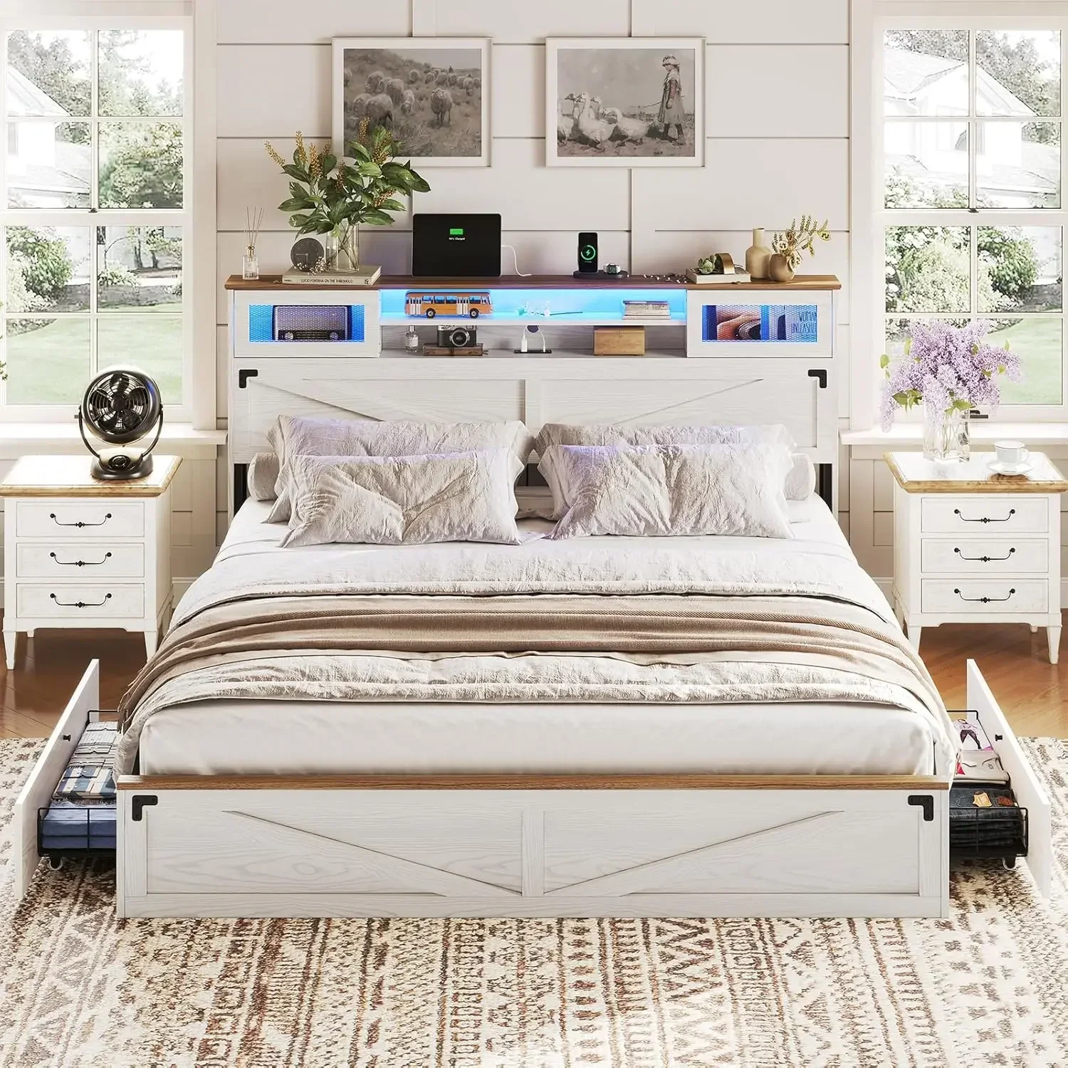 Farmhouse Bed Frame King Size with Bookcase Headboard,  King Bed with LED Lights and Charging Station, Accent with Sliding,White