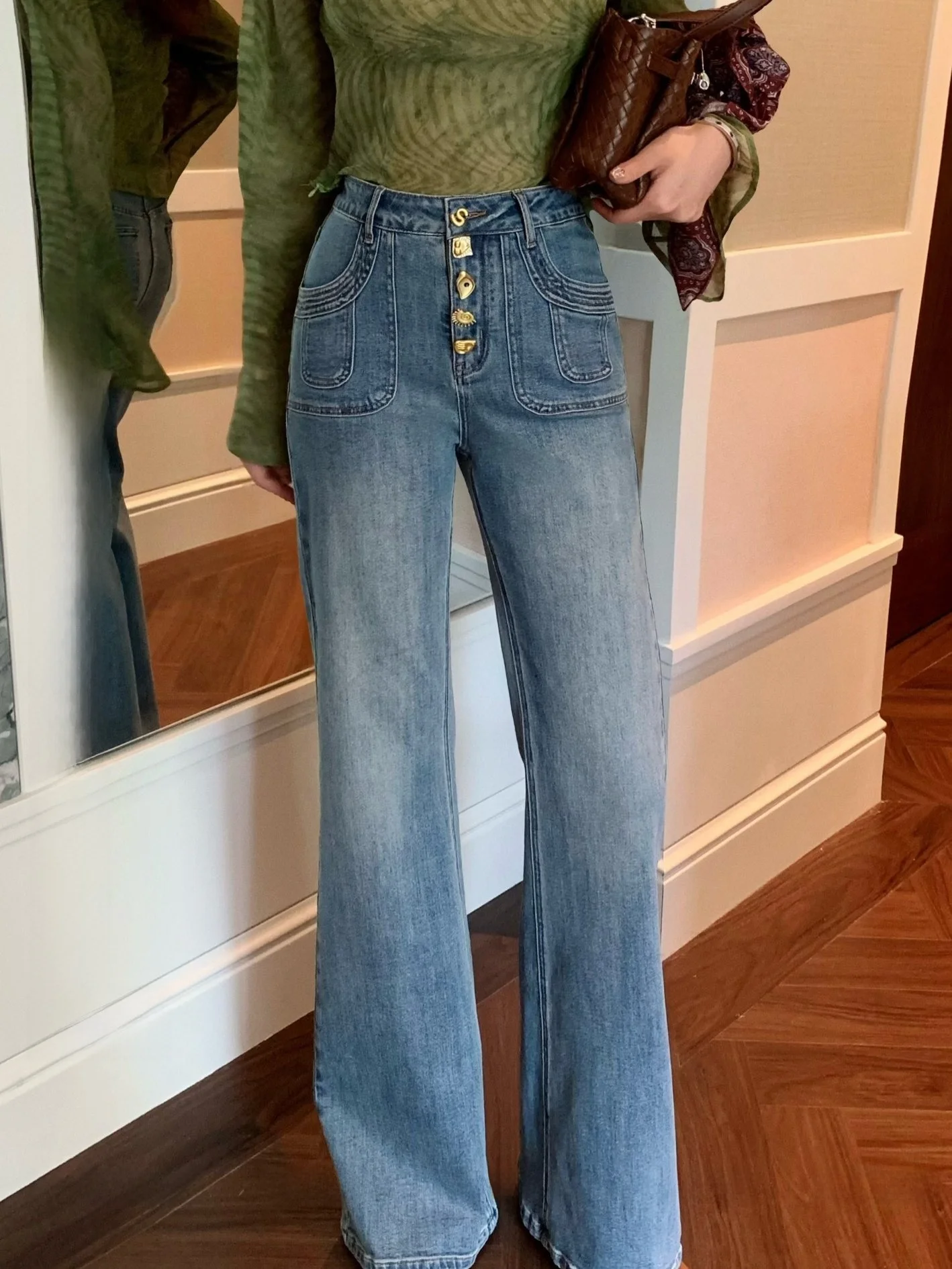 

New Dadada Gold Buckle Bell Bottom Jeans Women's Versatile Slimming Straight Leg Cotton Denim Summer Fashion Ladies' Pants