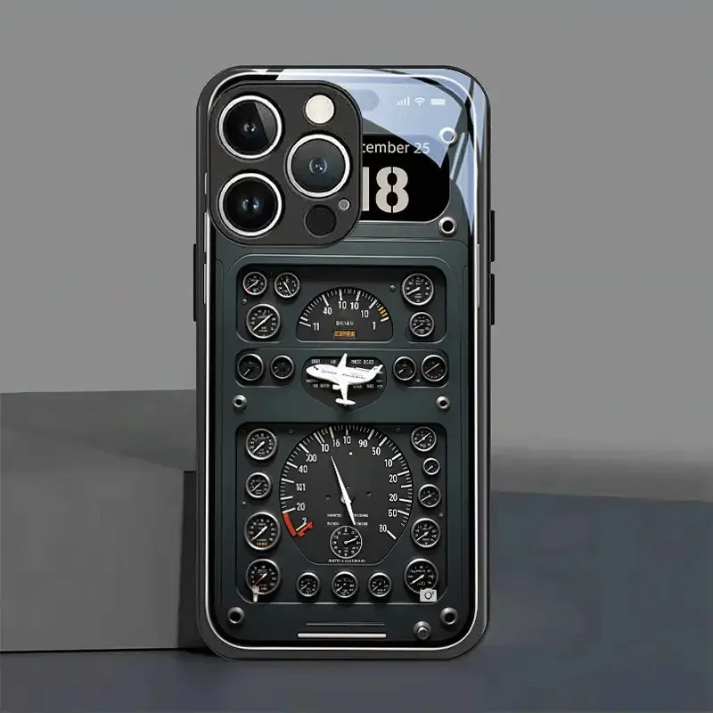Dark green flight instrument grid tempered glass protective case - suitable for iPhone 16/16 Plus/16 Pro/16 Pro Max/15