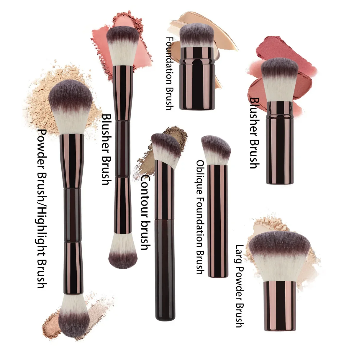New Travel Double-Ended Makeup Brush Set 7Pcs with Mirror Portable Dual-Head Powder Blush Foundation Contour Kit Beginner Boxed