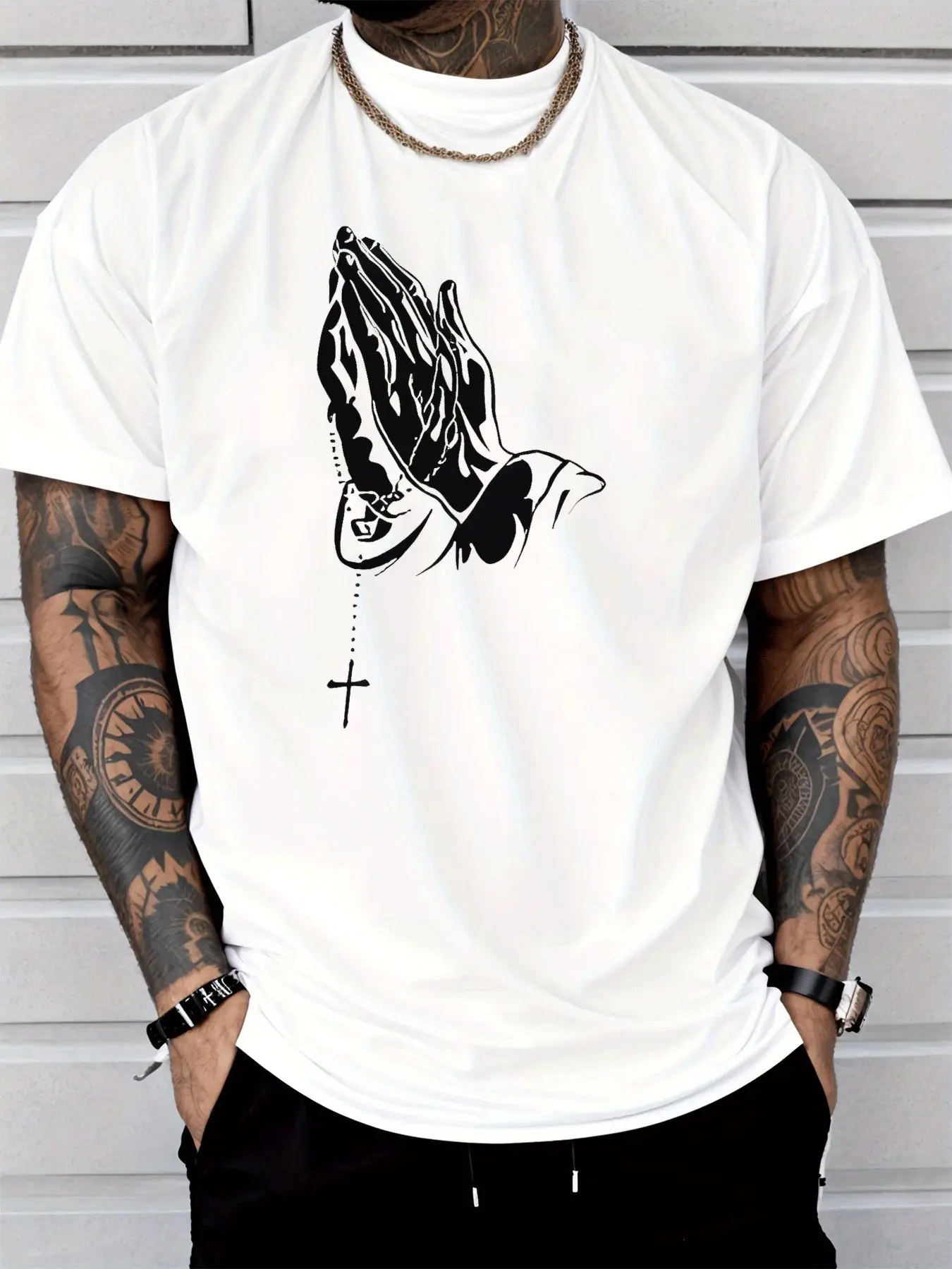 Mens Prayer Hands Rosary Cross Graphic T Shirt Religious Faith Streetwear Short Sleeve Cotton Hip Hop Casual Summer Tee For Men