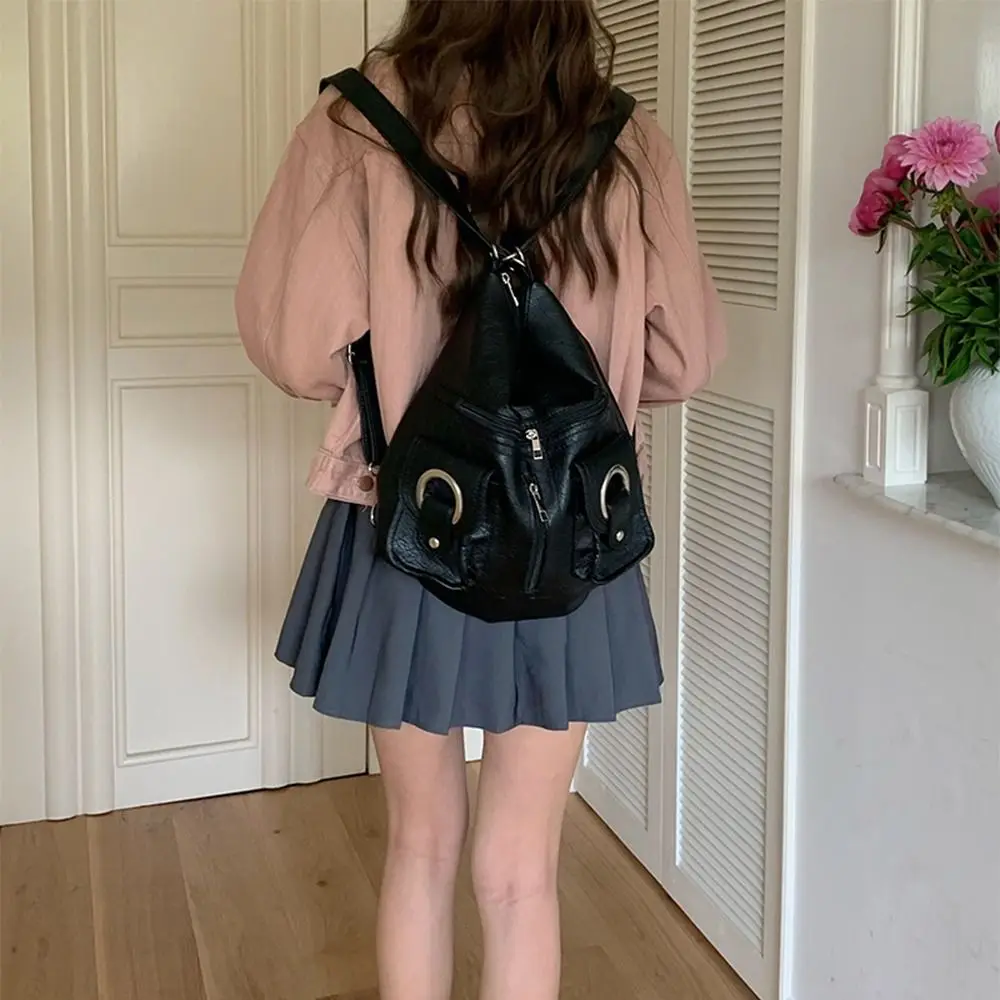 

Portable Y2K Retro Shoulder Bag Large Capacity Soft Leather MotorcycleBag Korean Fashion Vintage Backpack Shopping