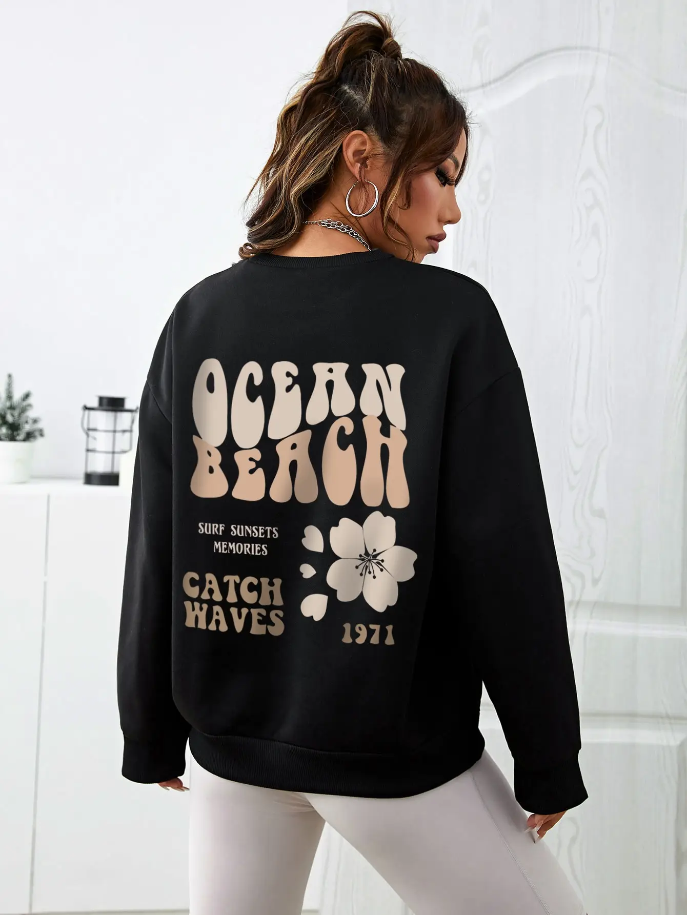 Ocean Beach Funny Flower Pattern Hoody All-Match New Sweater Street Style Comfortable Tops Casual Hip Hop Womens Sportswear