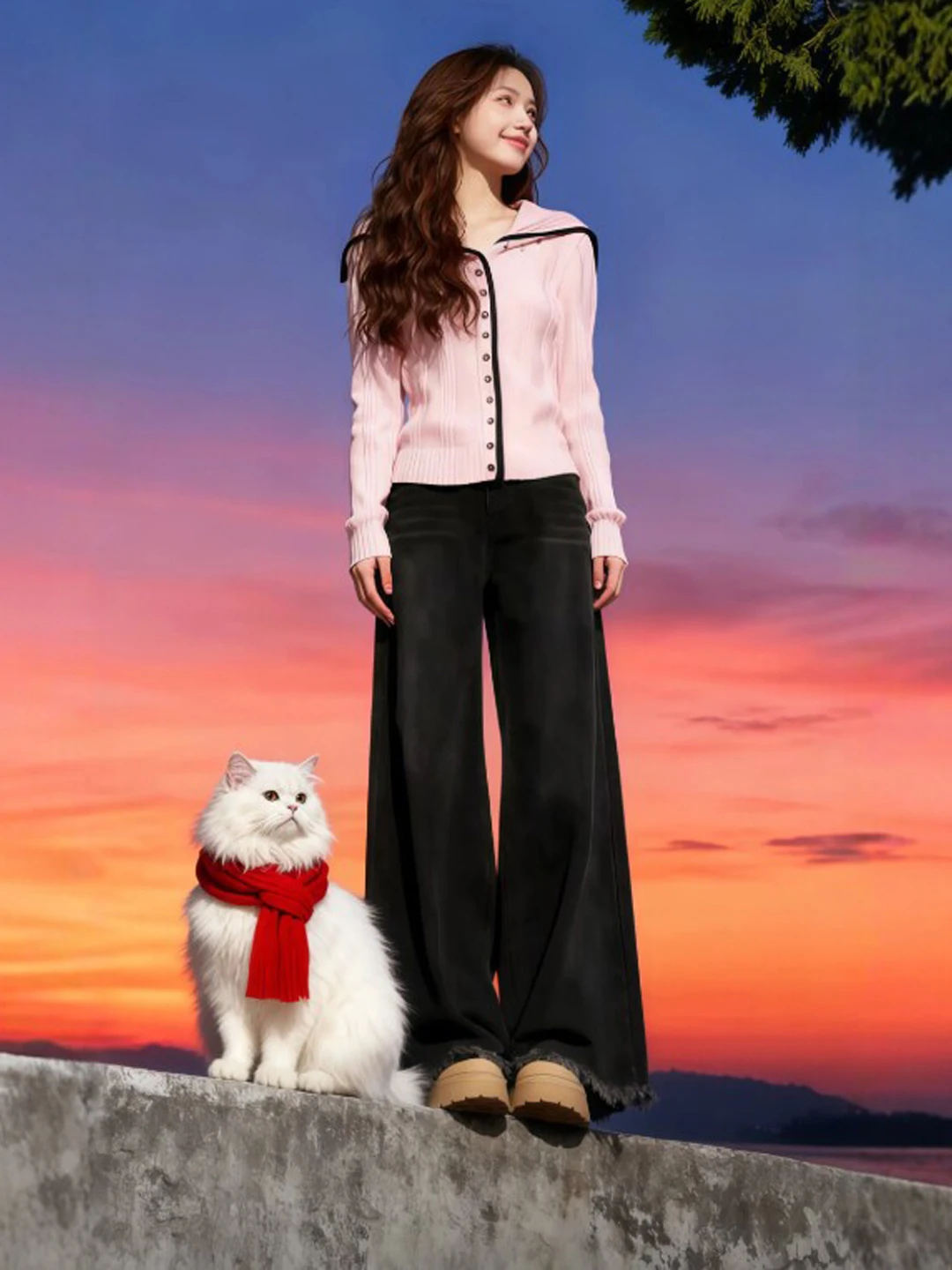 

Korean Sle Slim Fit Sweater Beautiful Navy Collar Waist Cinched Soft Sle Long Sve Knitted Sweater for Women Spring