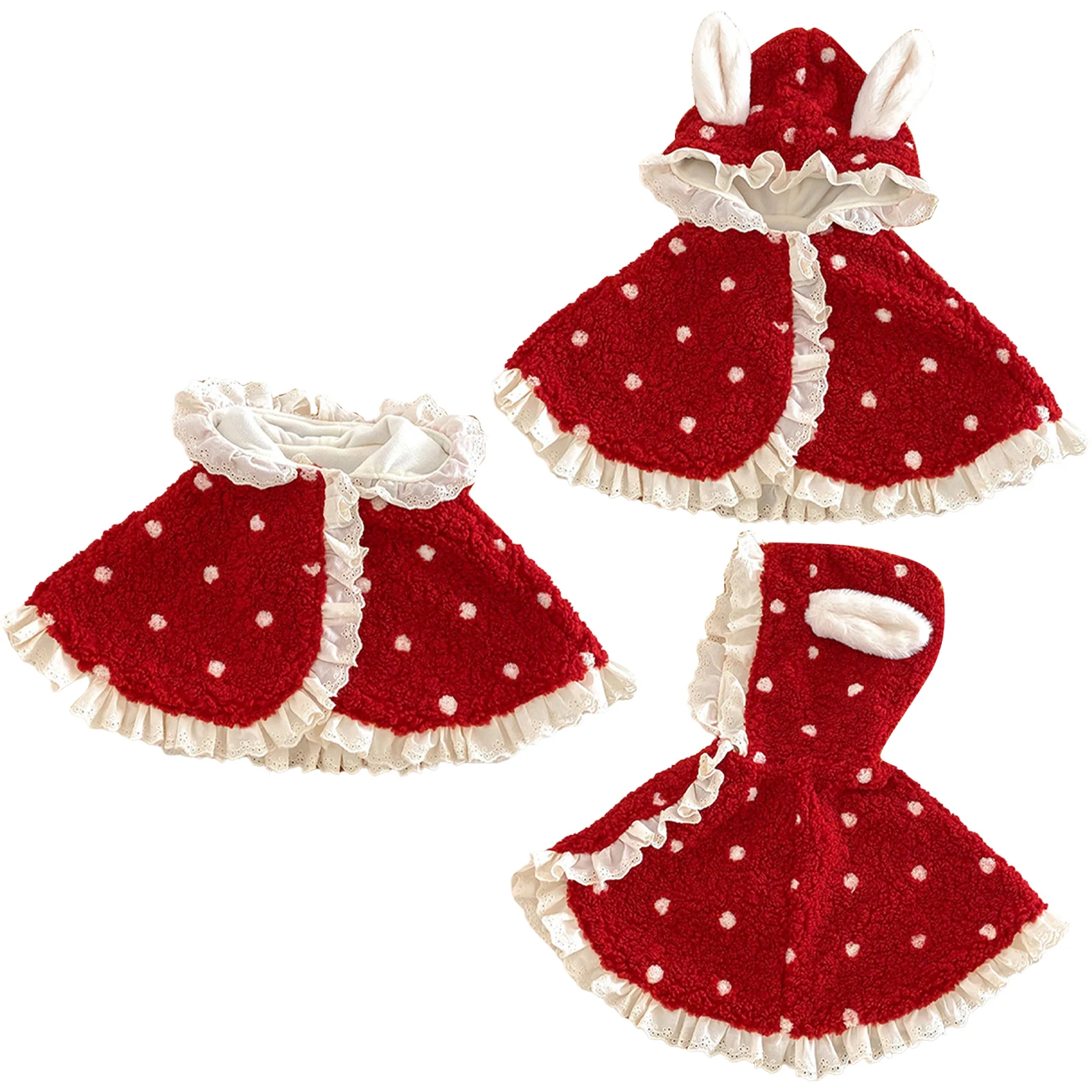 

Флисовый красный плащ с капюшоном для маленьких девочек, накидка в горошек с кружевной отделкой, теплое пушистое пальто с кроличьими ушками, костюм для рождественской праздничной вечеринки