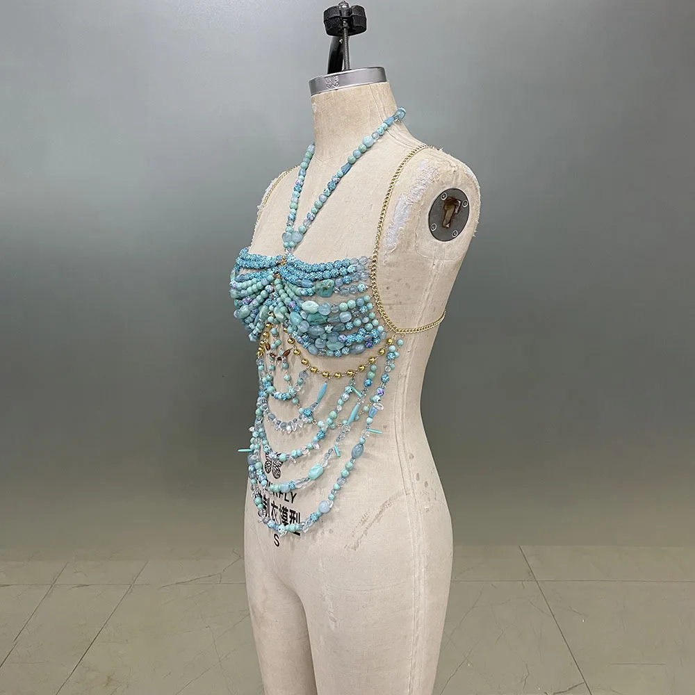 Spice Girls Handmade Bra Rhinestone Beaded Hollow Hanging Neck Tassel Halter Music Party Body Jewelry