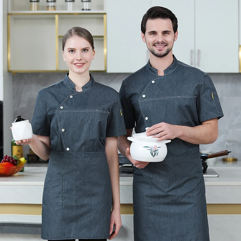 Veste de chef grise à manches courtes, uniforme de chef pour hommes et femmes, uniformes de cuisine et de restaurant, chemises d'été, manteau de cuisinier, vêtements de ceinture