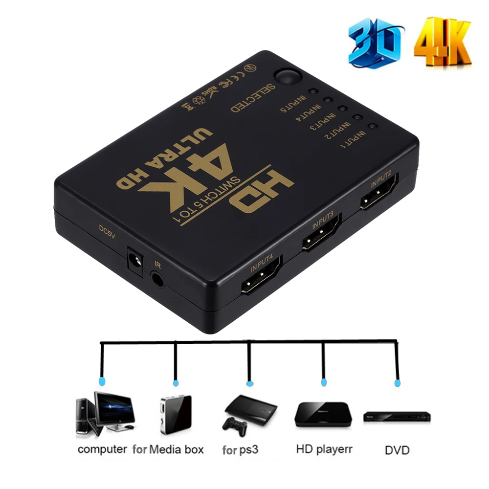 HD 4K*2K HDMI-compatible Switcher 1x5 Port 5 input in to 1 Switch Selector Splitter Hub With IR Remote 3D for PS3 Xbox 360