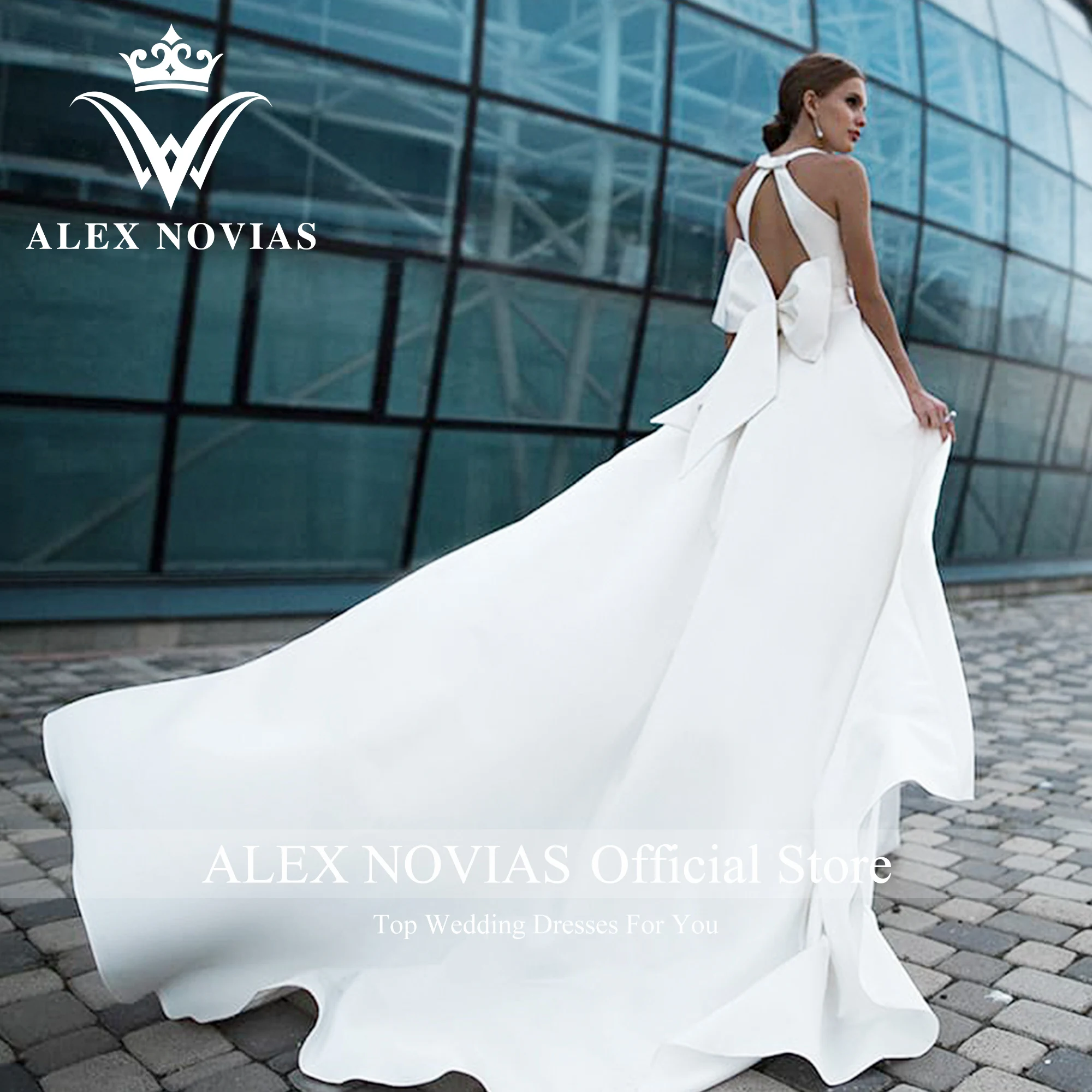 ALEX NOVIAS A-Line Satin Wedding Dresses High Quality 2023 Deep V-neck Flowy Bow Vintage Wedding Gown Vestidos Novias De Saten