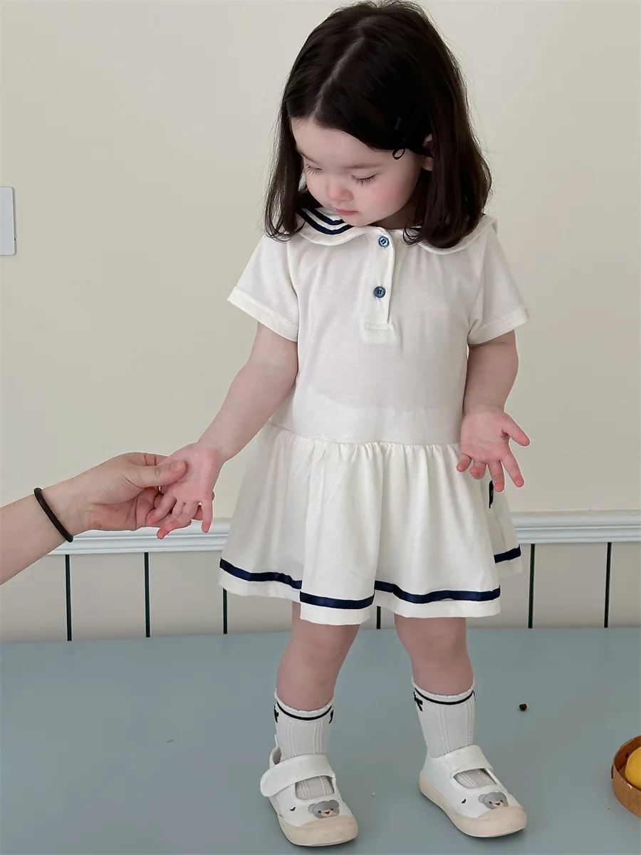 

2024 Summer New Baby Girl Short Sleeve Dress Thin Infant Sailor Collar Dress Toddler Solid Casual Dress Cotton Clothes 0-24M