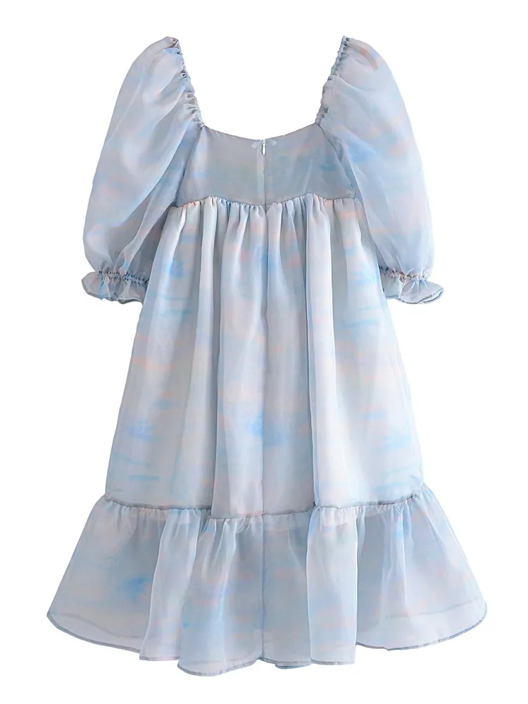 Sweet Summer Blue Color Misty Sky Tie dye Organza Ball Gown Dress Puff Sleeve Retro Women Swing Midi Dresses Fairy Cake Vestidos