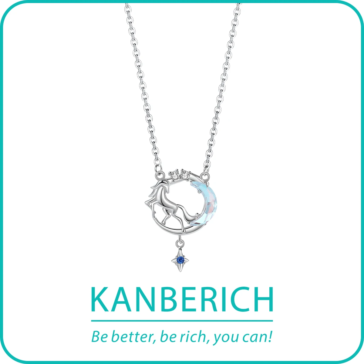 

Kanberich S925 Real Sterling Silver Cubic Zirconia Horse on the Moon Pendant Clavicle Chain Necklace